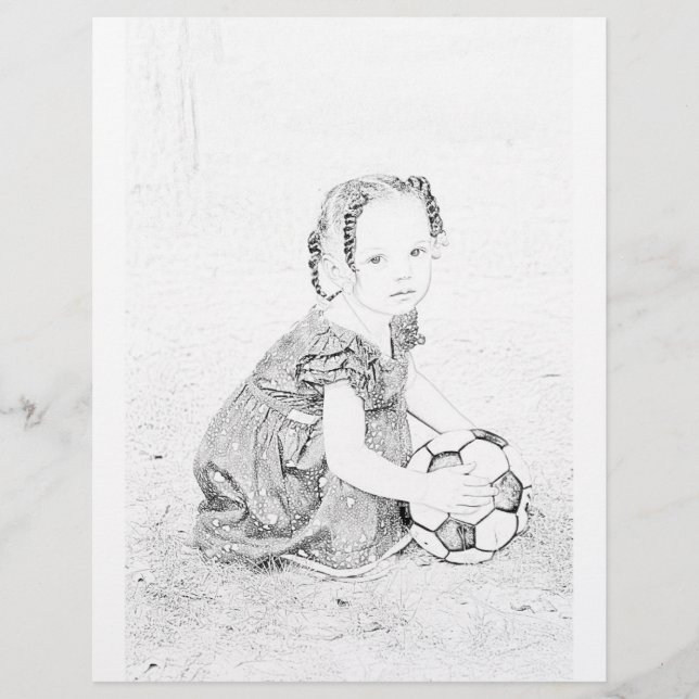 Girl playing with Football colouring page (Front)