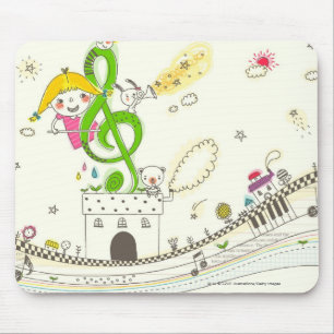 Girl playing with musical notes on house mouse pad