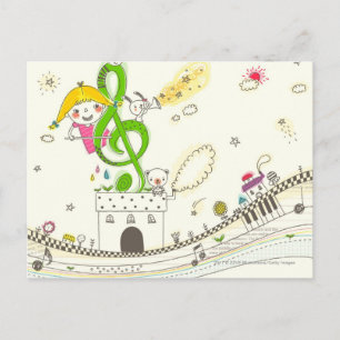 Girl playing with musical notes on house postcard