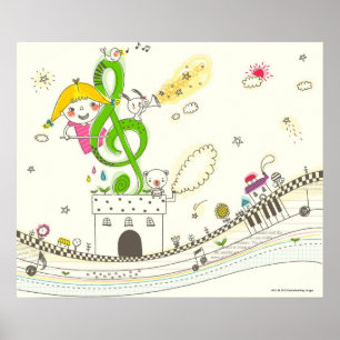 Girl playing with musical notes on house poster