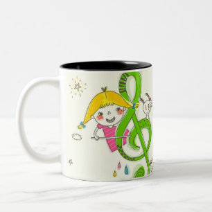 Girl playing with musical notes on house Two-Tone coffee mug
