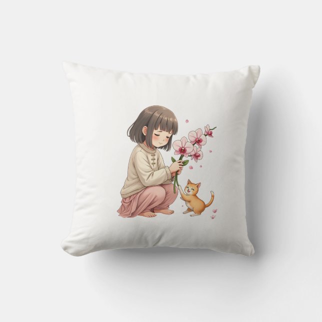 Girl playing with the Cat Cushion (Front)