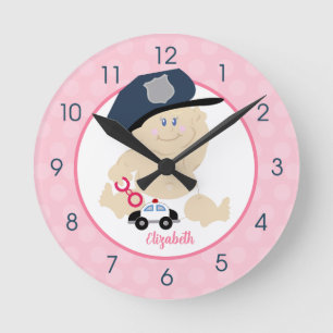 Girl Police Officer Baby Cop Pink Round Clock