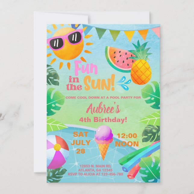 Girl pool party birthday invitation, pool bash. invitation (Front)