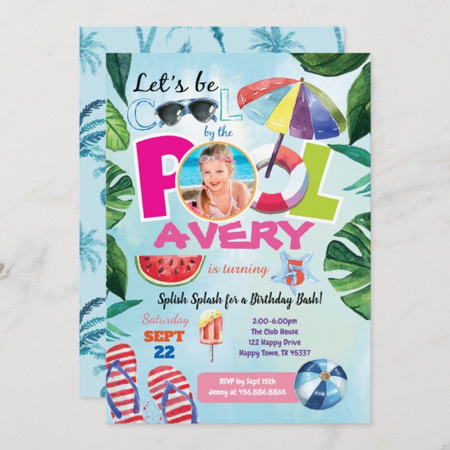 Girl pool party birthday photo invitation (Front/Back)