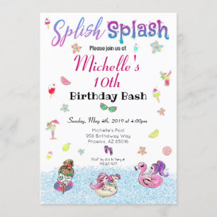 Girl Pool Party Glitter Tropical Summer Birthday Invitation