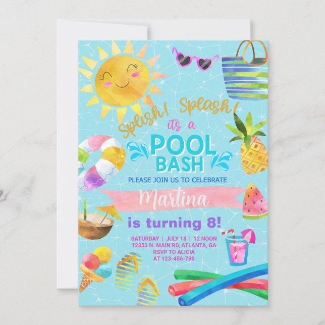 Girl pool party, pool bash summer invitation. invi invitation (Front)