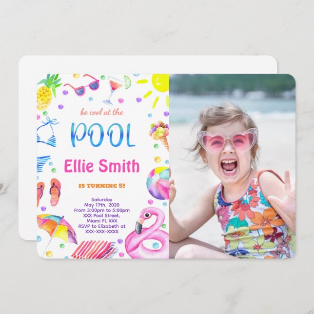 Girl Pool Photo Invitation (Front/Back)