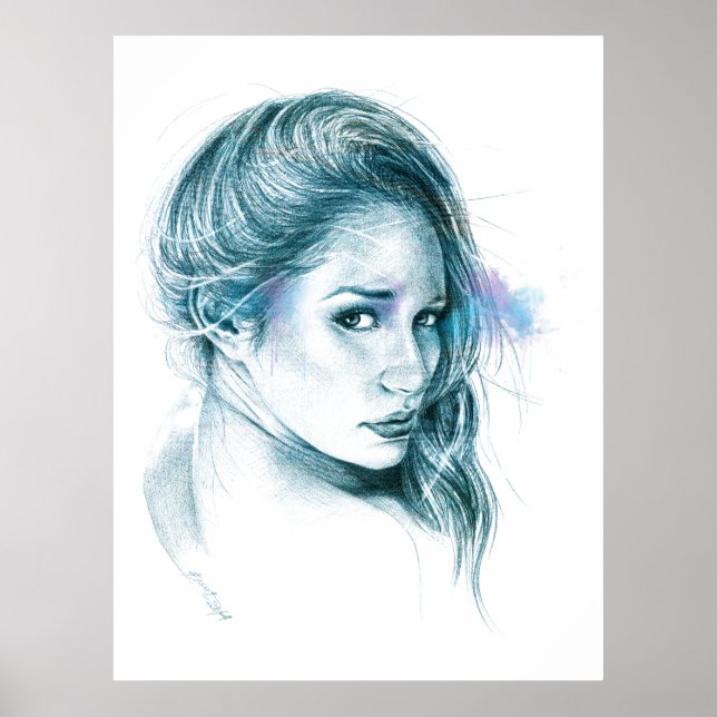 Girl portrait pencil art in blue Poster print (Front)