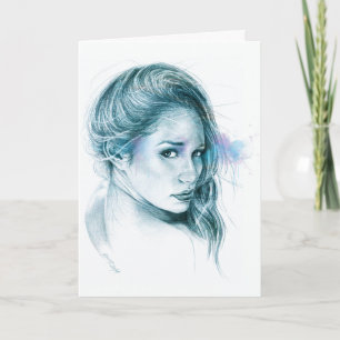 Girl portrait pencil drawing art Blue Card
