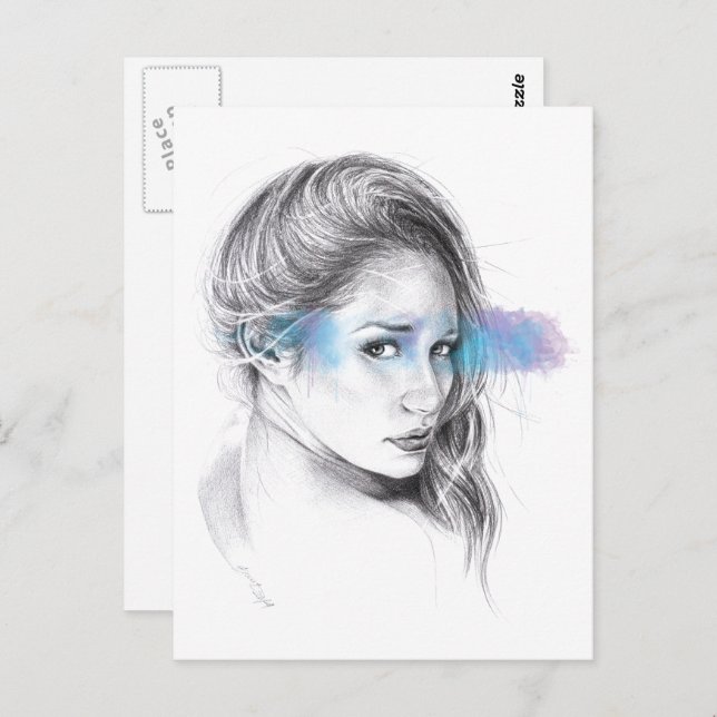 Girl portrait pencil drawing art postcard (Front/Back)
