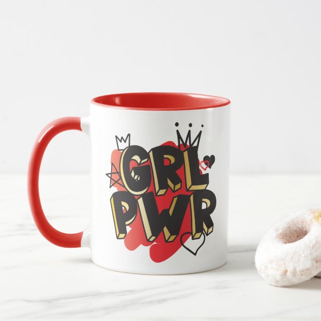 GIRL POWER, Crown & Hearts, Red & Gold  Mug (With Donut)