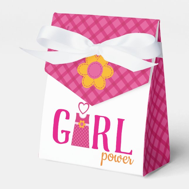 Girl power cute dress pink plaid stiched flowers favour box (Front Side)