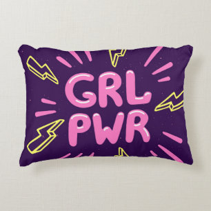 Girl power feminist slogan, violet background. decorative cushion