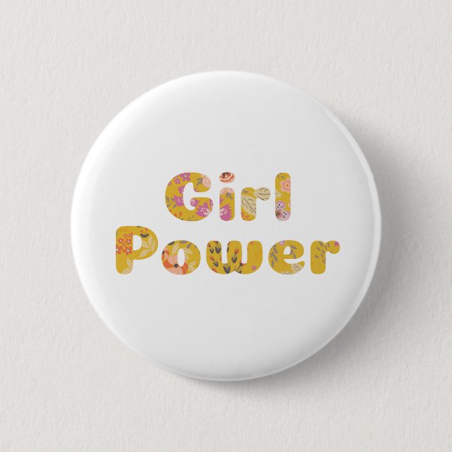 Girl Power Floral Lettering in Mustard Yellow 6 Cm Round Badge (Front)