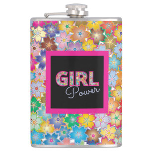Girl Power   Pink Girly Beautiful Wildflower Women Hip Flask