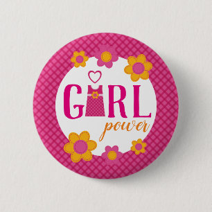 Girl power, pink plaid floral spring design 6 cm round badge