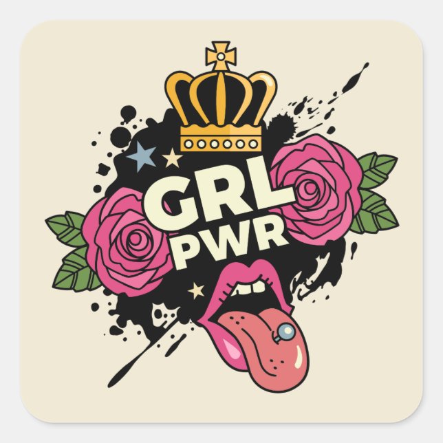 Girl Power Tattoo Style Square Sticker (Front)