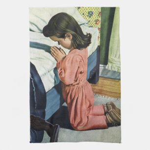 Girl Praying at Bedtime, the Lord's Prayer Tea Towel
