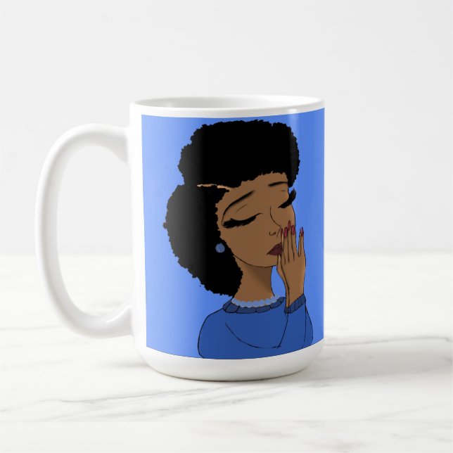 Girl praying (blue background) coffee mug (Left)