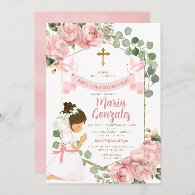 Girl Praying First Holy Communion Pink Floral Invitation (Front/Back)