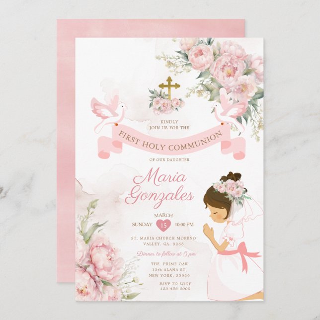 Girl Praying First Holy Communion Pink Floral Invitation (Front/Back)