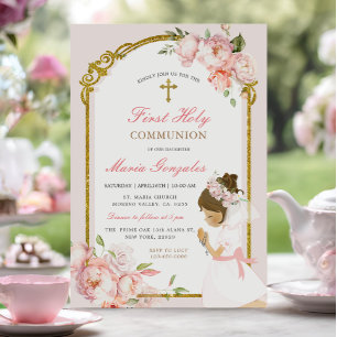Girl Praying Gold First Holy Communion curly hair Invitation
