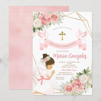 Girl Praying Gold First Holy Communion Pink Floral Invitation
