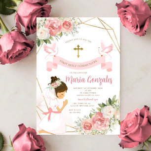 Girl Praying Gold First Holy Communion Pink Floral Invitation