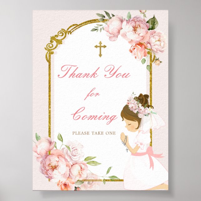 Girl Praying Gold First Holy Communion Thank You Poster (Front)