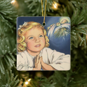 Girl Praying to Jesus Christ, Bedtime Prayers Ceramic Ornament