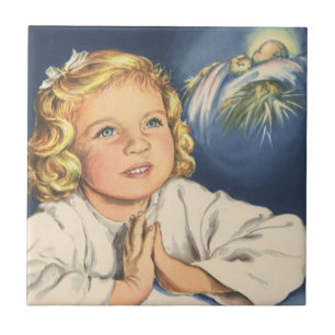 Girl Praying to Jesus Christ, Bedtime Prayers Ceramic Tile