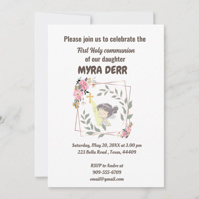 Girl praying to jesus cross first communion invitation (Front)