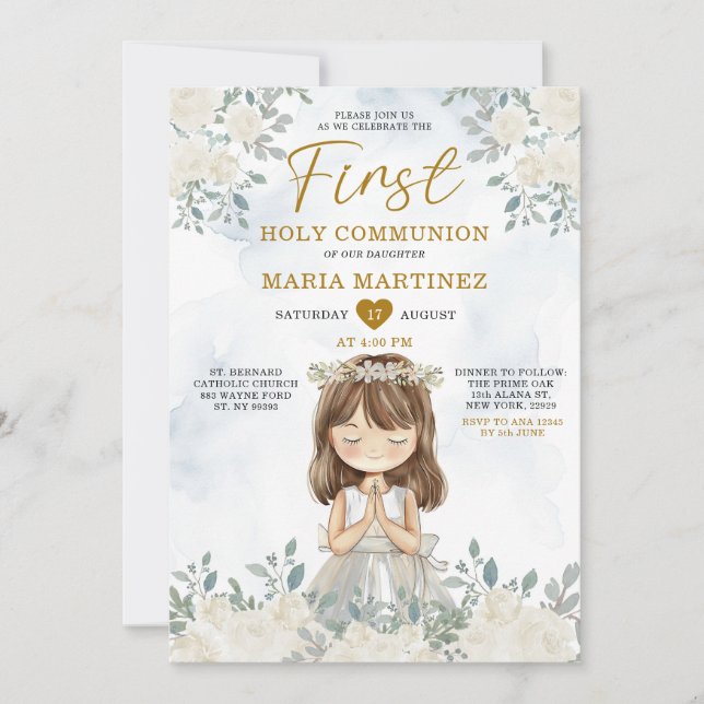 Girl Praying White Floral First Holy Communion Invitation (Front)