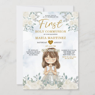 Girl Praying White Floral First Holy Communion Invitation