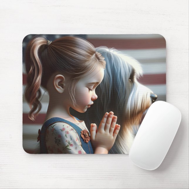 Girl Praying With Bearded Collie Mouse Pad (With Mouse)