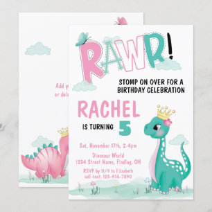 Girl Princess Dinosaur Pink & Teal Birthday Party Invitation