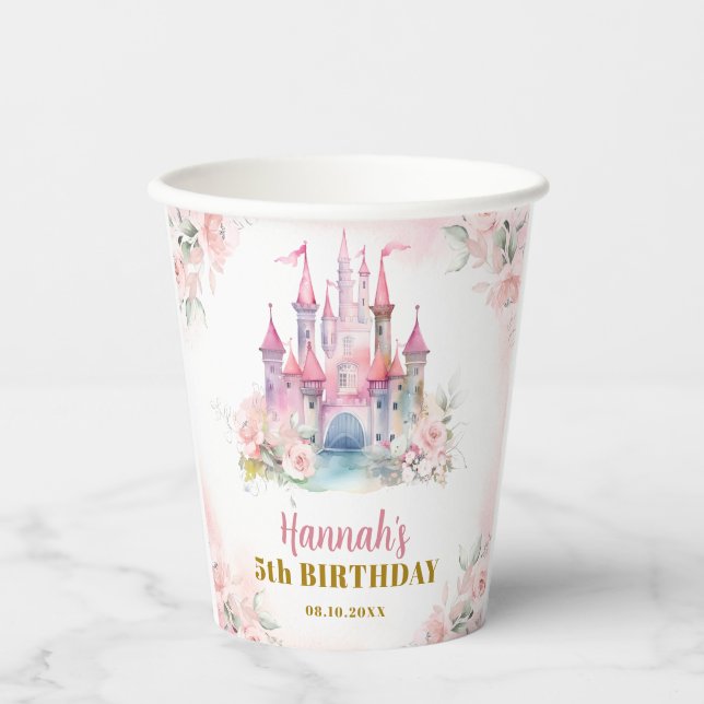 Girl Princess Royal Castle Fifth Birthday Paper Cups (Front)