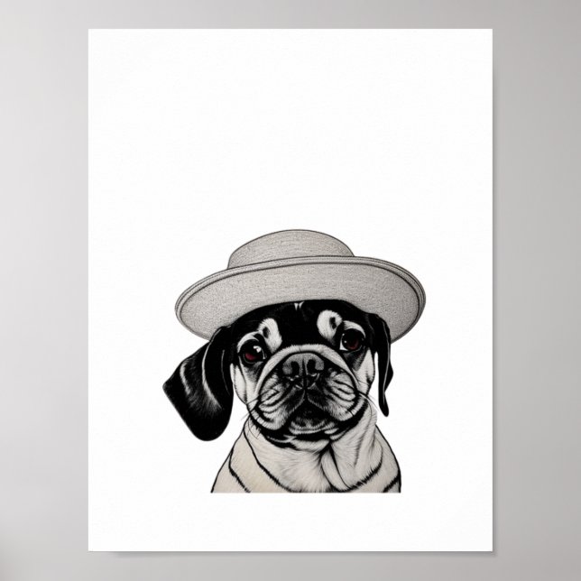 Girl Pug Dog Wearing Hat Black & White Print (Front)
