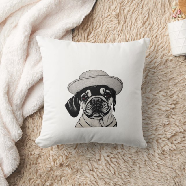 Girl Pug Wearing Hat Black and White Throw Pillow (Blanket)