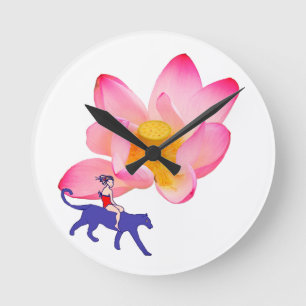Girl, Puma, and Lotus Round Clock