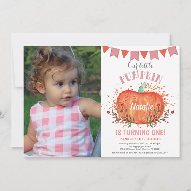 Girl Pumpkin Birthday Invitation Orange and Pink (Front)