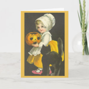 Girl Pumpkin Black Cat Vintage Halloween Card