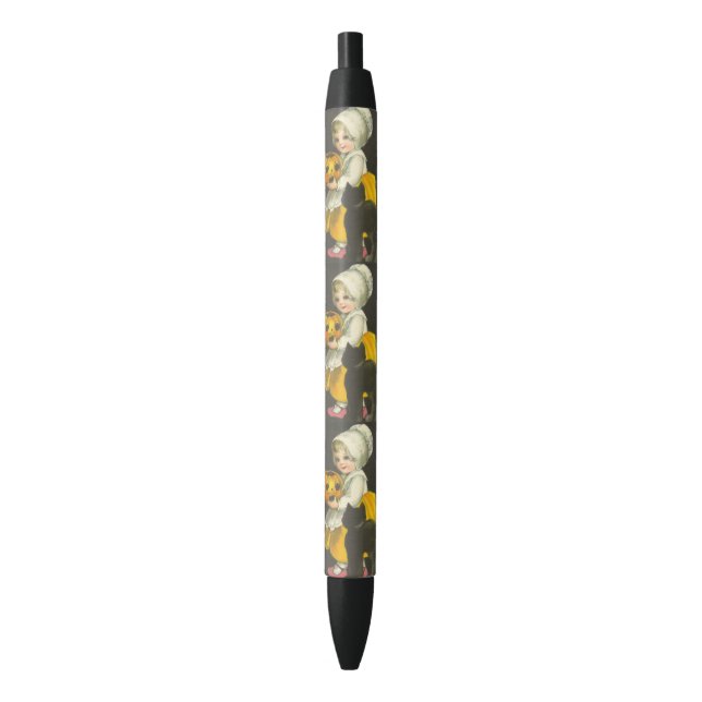 Girl Pumpkin Black Cat Vintage Halloween Pen (Front Vertical)