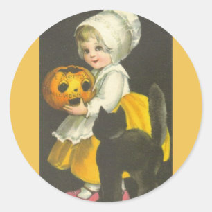 Girl Pumpkin Black Cat Vintage Halloween Stickers