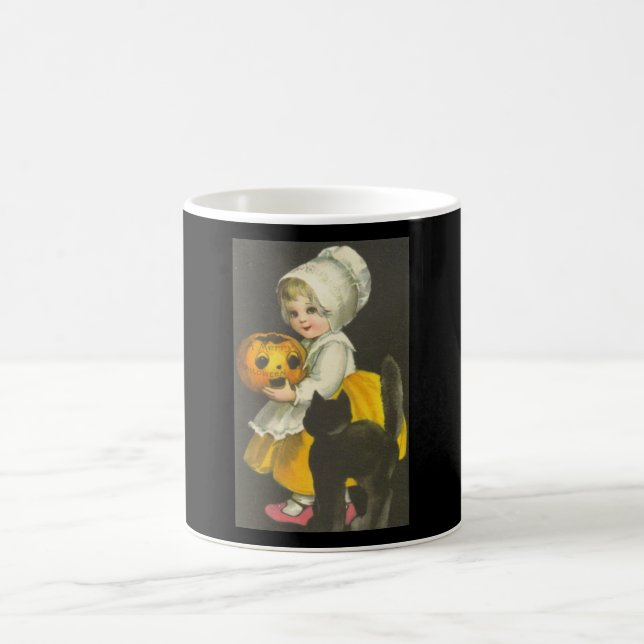 Girl Pumpkin Cat Vintage Halloween Theme Mug (Center)