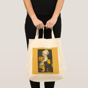 Girl, Pumpkin, Cat Vintage Halloween Tote Bag