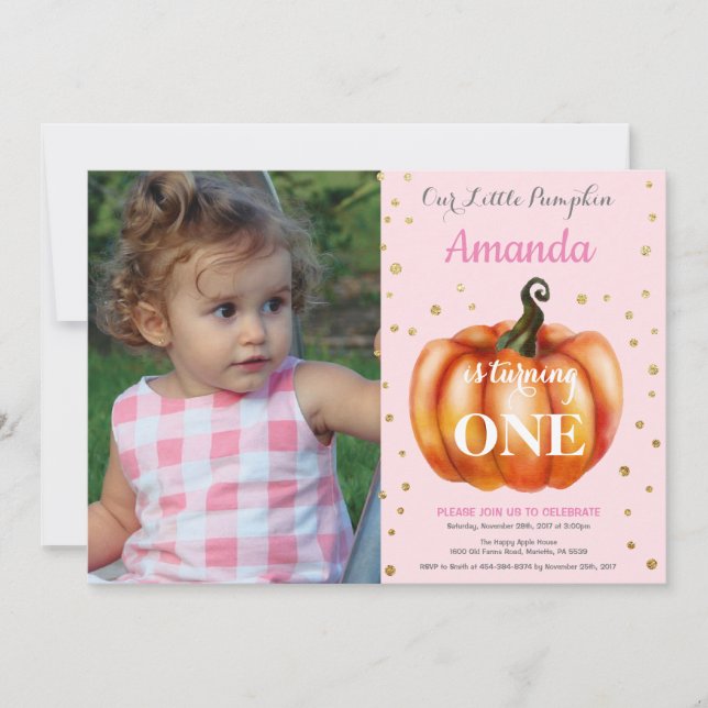 Girl Pumpkin Fall Birthday Invitation Gold (Front)