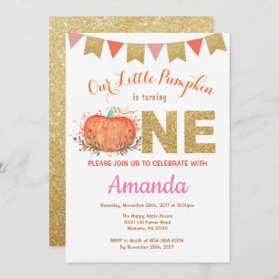 Girl Pumpkin Fall Birthday Invitation Gold Glitter