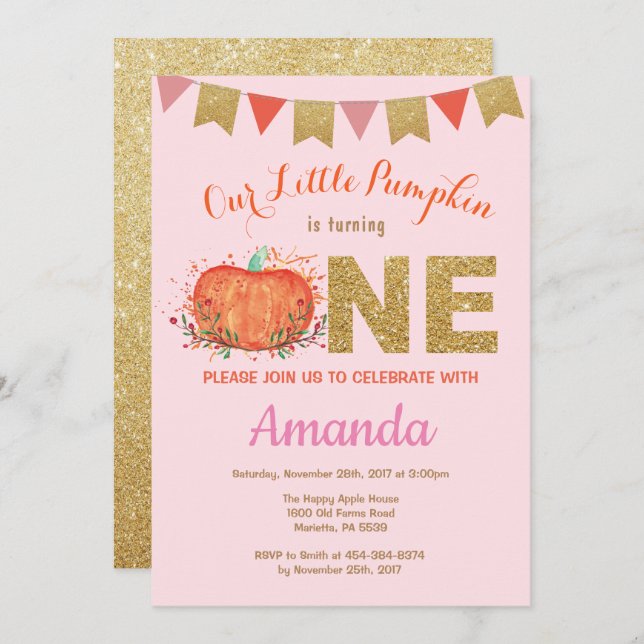 Girl Pumpkin Fall Birthday Invitation Gold Glitter (Front/Back)